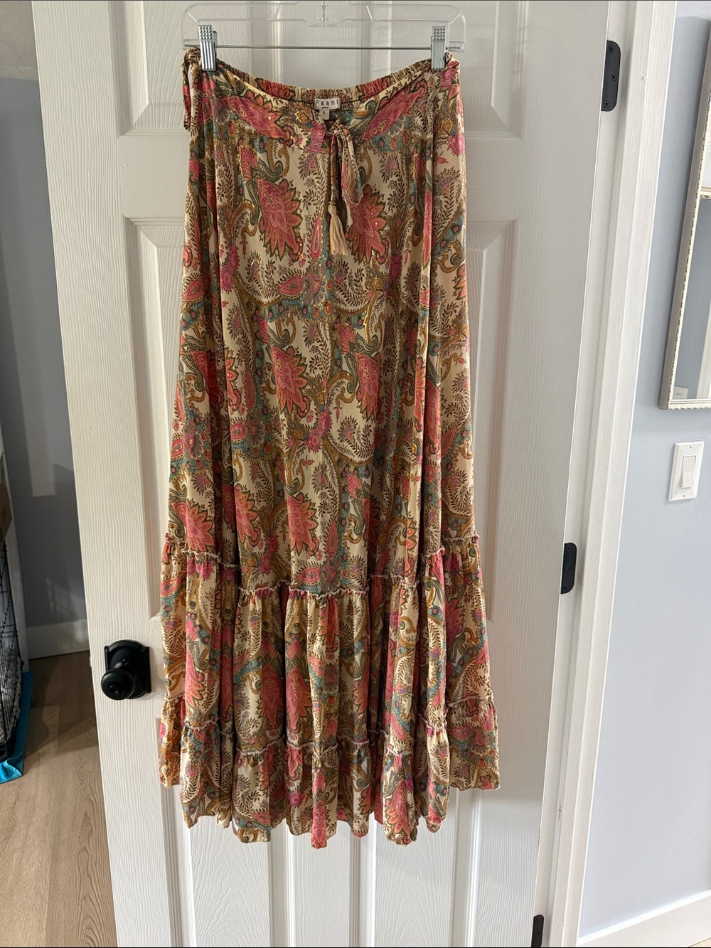 Paisley Tiered Maxi Skirt in Pink on Cream by Unbranded